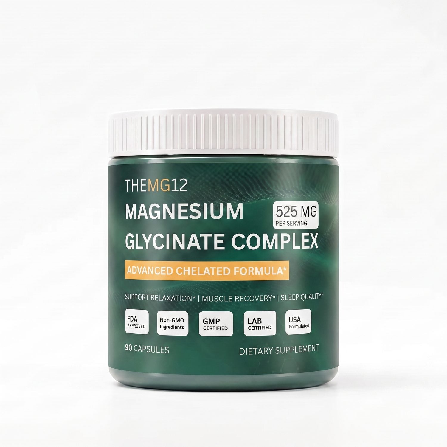 themg12 Magnesium Glycinate Complex jar, front label, 90 capsules