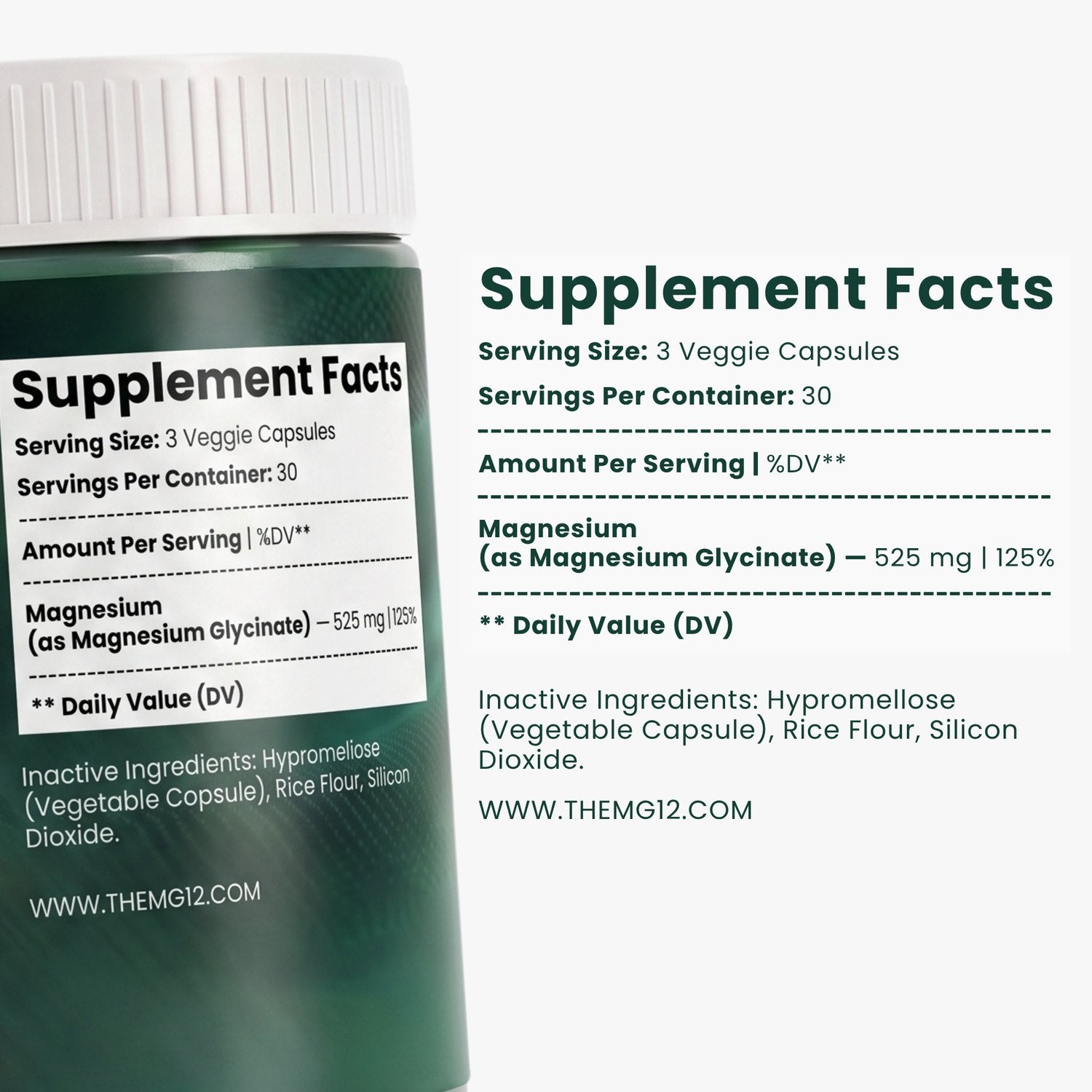 Supplement facts panel: 525 mg magnesium as magnesium glycinate per 3 veggie capsules