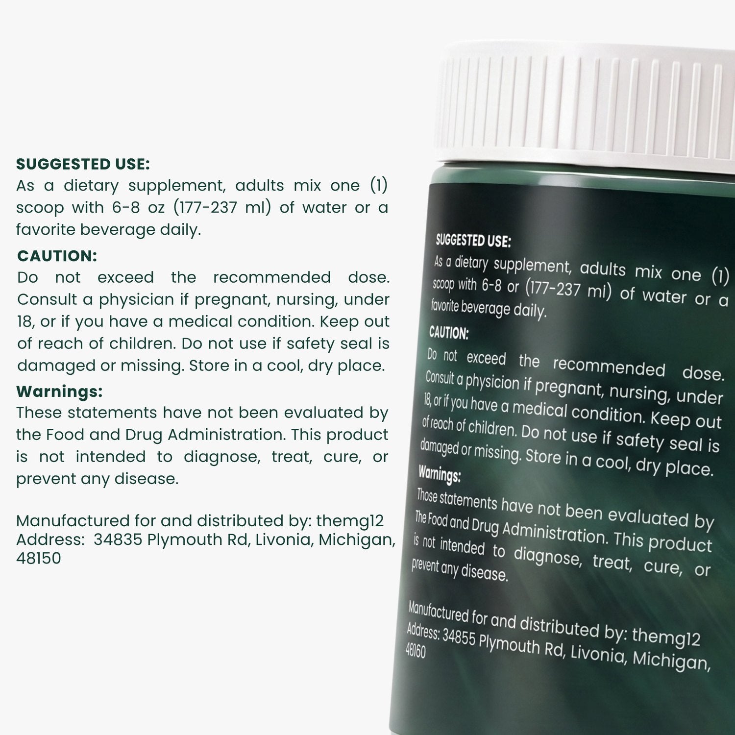 Suggested use, caution and warnings panel