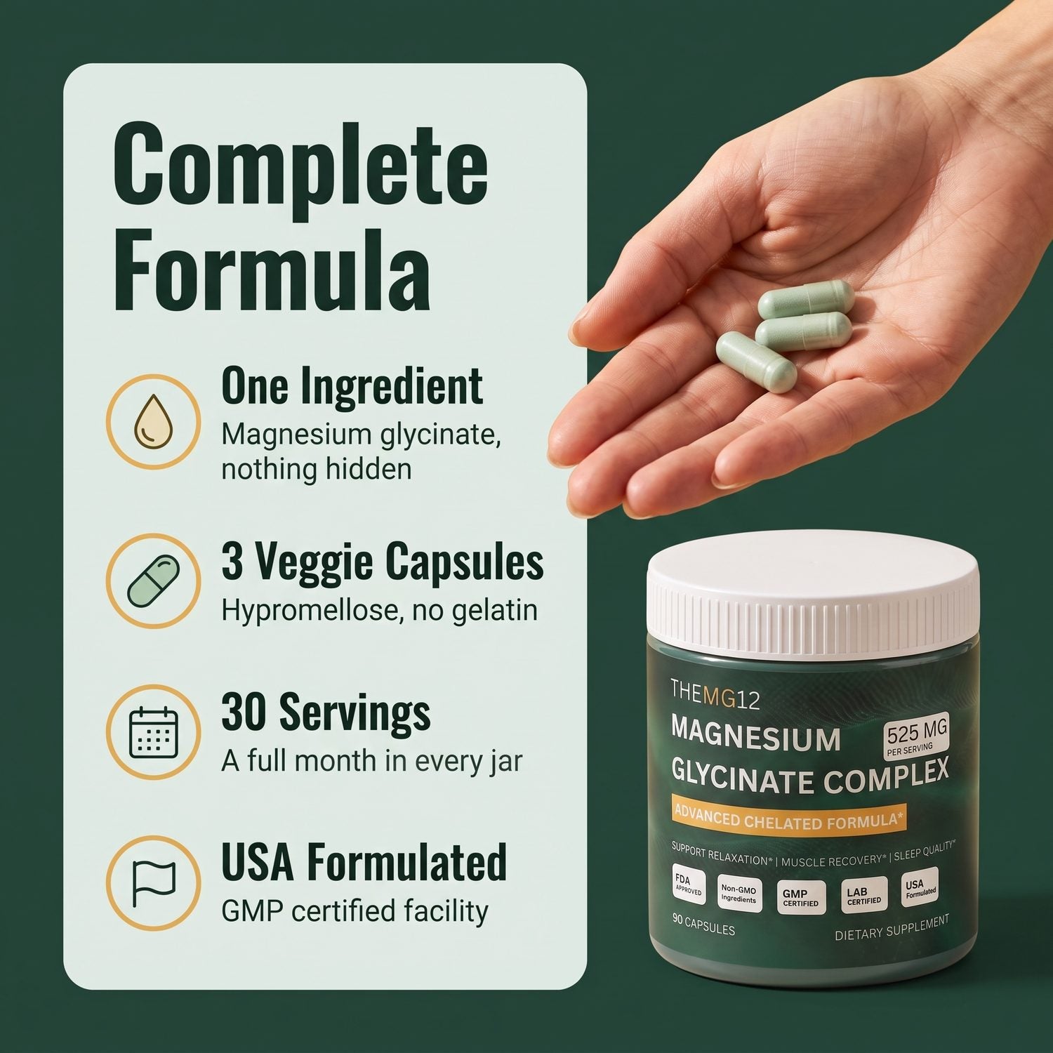 Capsules held in an open palm for scale
